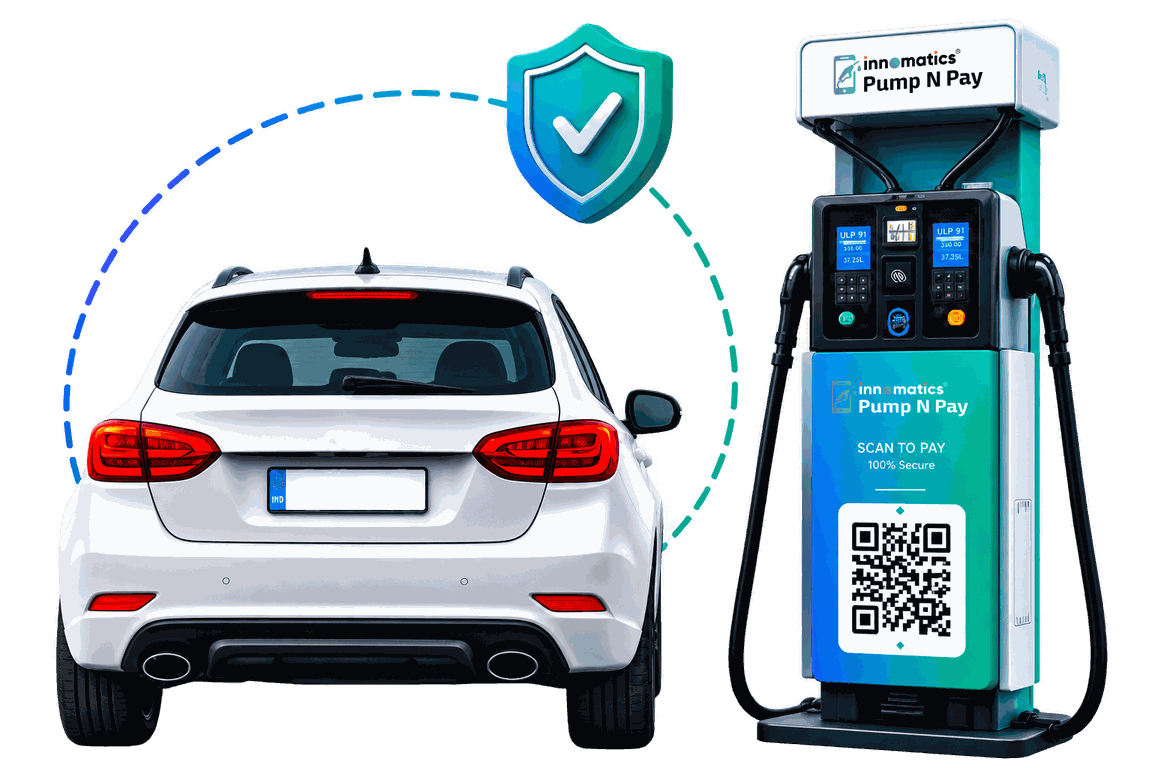 Vehicle beside a Pump N Pay enabled fuel dispenser with a scan-to-pay QR terminal and a security shield