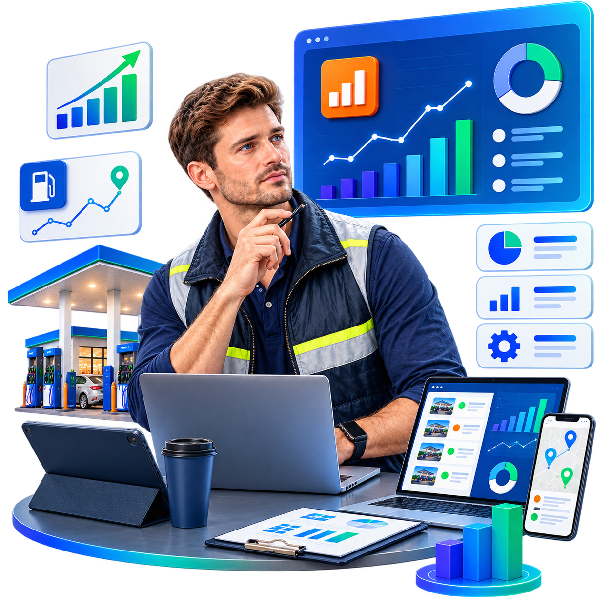 A site manager at a desk of laptops and tablets, reviewing dashboards of sales trends, fuel volume charts and site performance breakdowns.