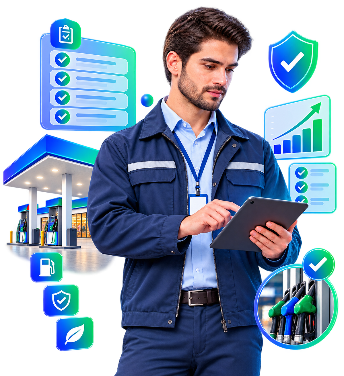 A forecourt attendant reviewing a digital compliance checklist on a tablet, surrounded by completed check items, a verified shield and a rising performance chart.