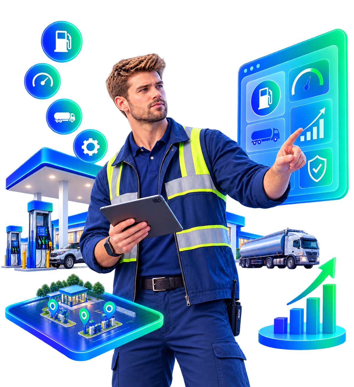A forecourt technician operating a digital control panel of fuel, tank, delivery and performance tiles, with a site map and equipment icons around him.