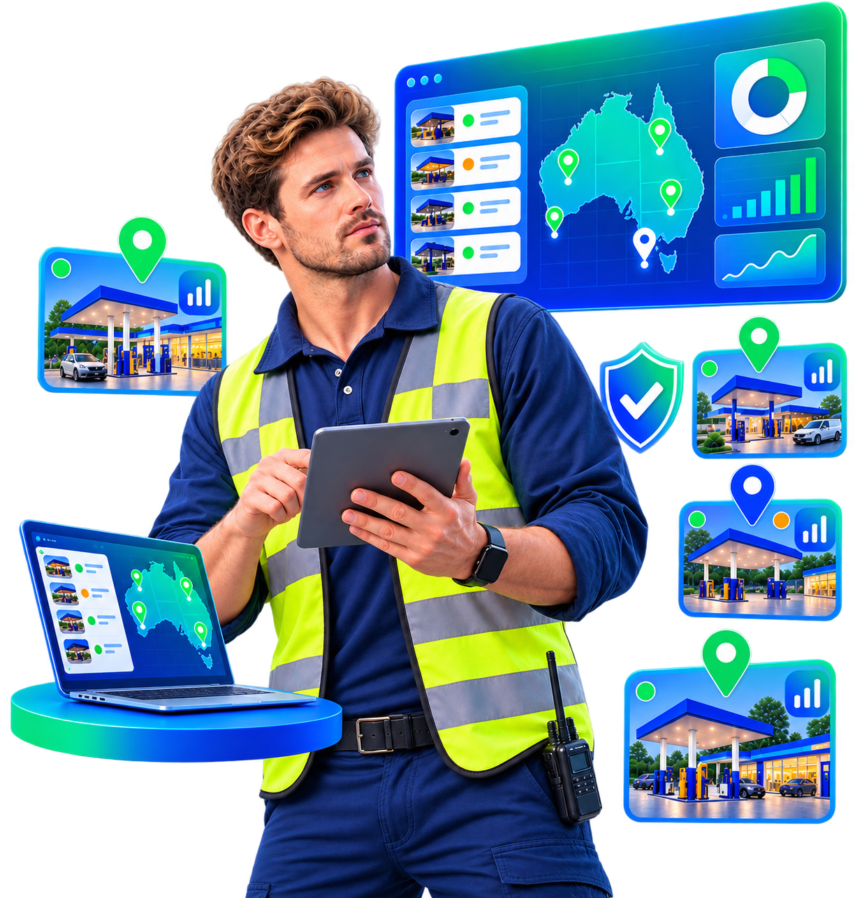 A network manager holding a tablet in front of a multi-site dashboard: a map of pinned locations, per-site status cards and network-wide performance charts.