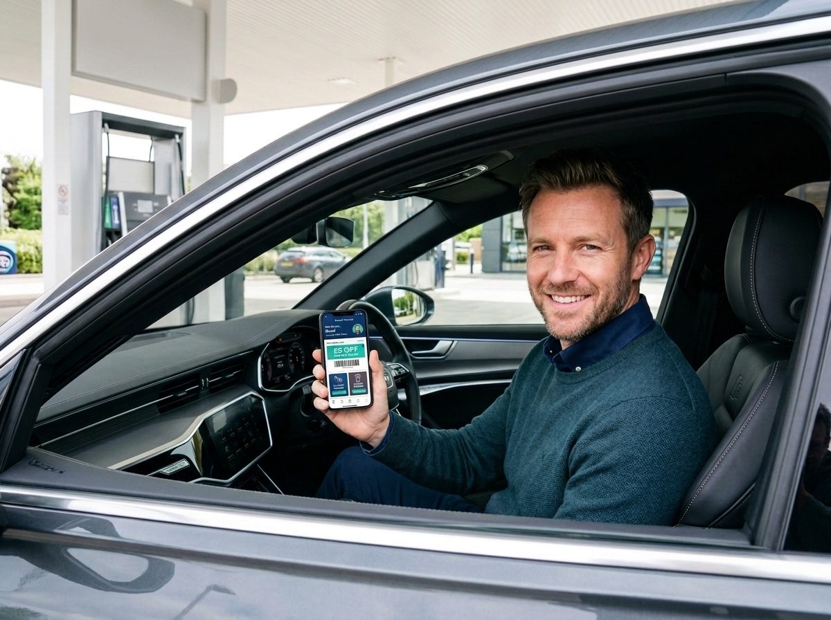 Male driver in a car holding a phone showing Pump N Pay fuel and coffee offers