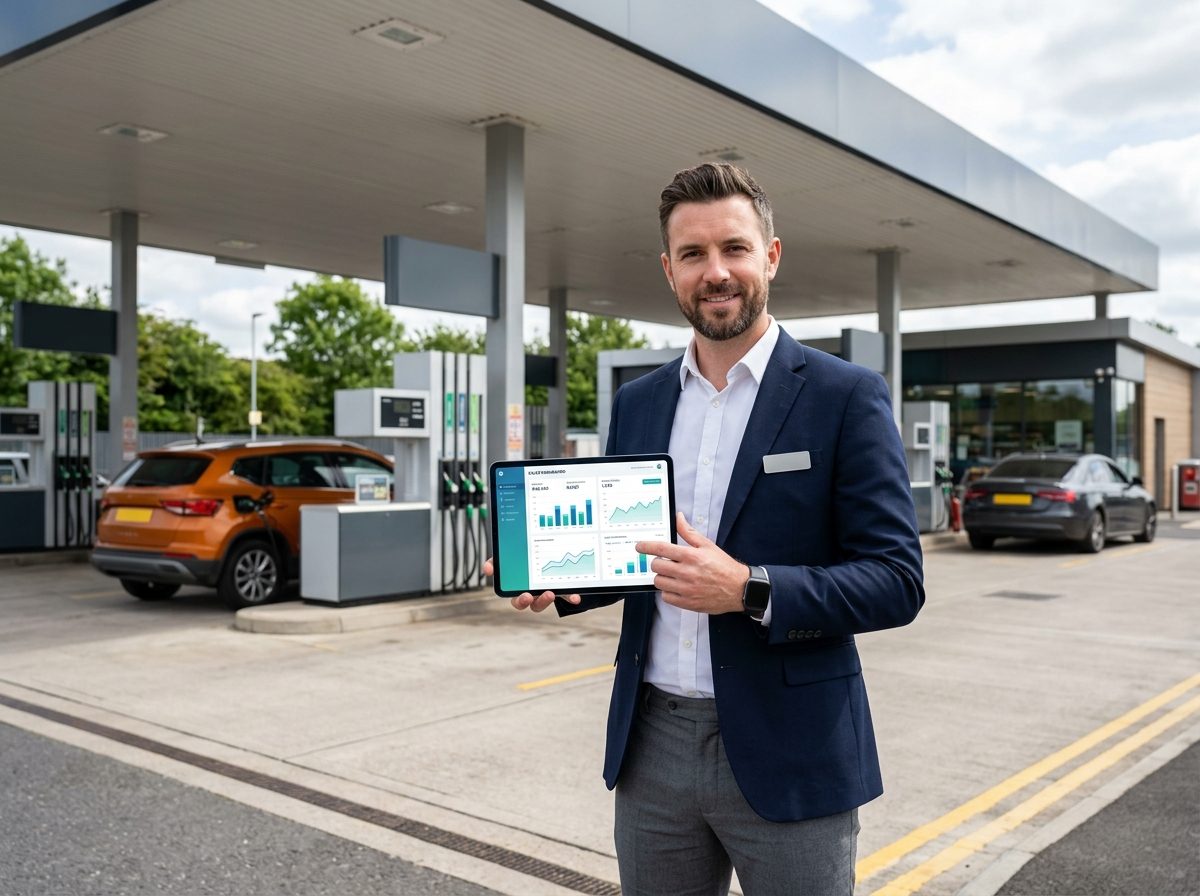Service station manager reviewing sales analytics on a tablet at an unbranded forecourt